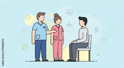 A patient sits on a chair while two healthcare professionals kindly provide guidance. The scene illustrates supportive medical care and friendly communication in a calm, reassuring environment.