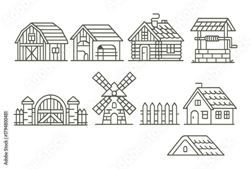 Set of rustic farmhouse and barn line art icons with windmill and log cabin