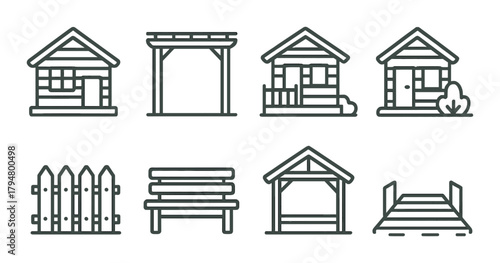 Set of rustic outdoor icons: houses, gazebo, fence, and bench on a distressed background
