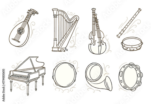 Collection of vintage musical instruments: harp, lute, violin, flute, grand piano, horn, tambourine