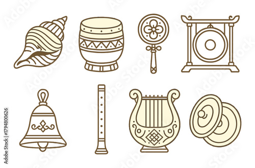 Collection of classical musical instruments in simple line art on golden background