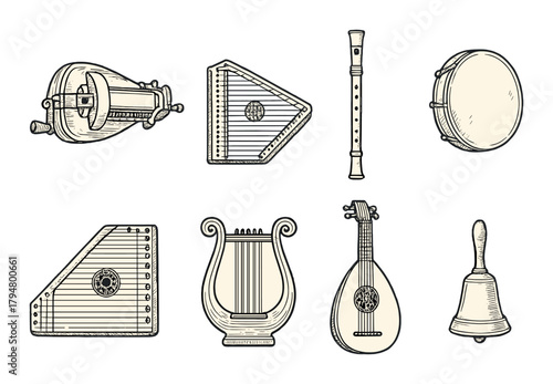 Collection of vintage musical instruments: hurdy-gurdy, dulcimer, flute, tambourine, zither, lyre, lute, bell