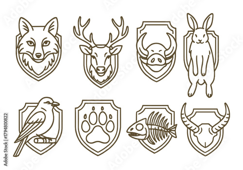 Animal emblem set on gold background with fox, deer, rabbit, bird, and more