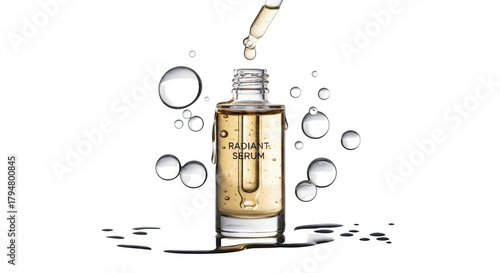 Clear glass bottle of golden serum with dropper isolated on transparent background