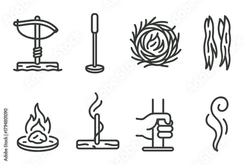 Minimalist survival icons featuring fire and tools on brown background