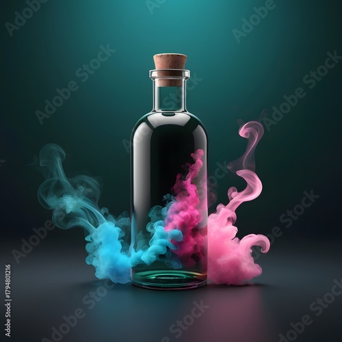 Mysterious Glass Bottle with Vibrant Blue and Pink Smoke Against a Dark Teal Background