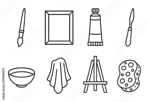 Artistic tools collection with brush, frame, paint tube, and easel icons