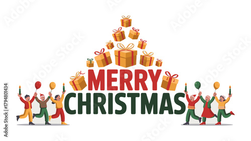 Merry Christmas Celebration: An illustration of a group of joyful people gather around a festive Christmas tree made of presents, conveying the warmth and spirit of the holiday season. 