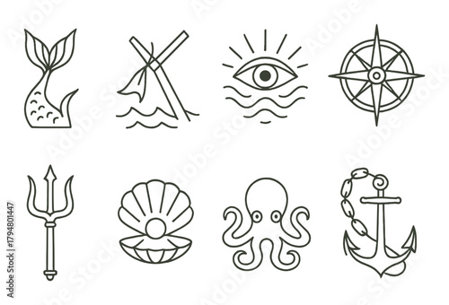 Nautical symbols collection featuring ocean and maritime icons