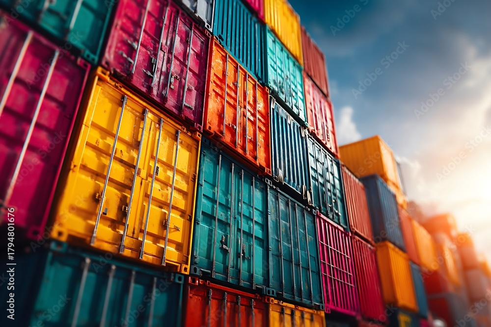Fototapeta premium Row of colorful shipping containers stacked high in a busy port area under clear blue skies