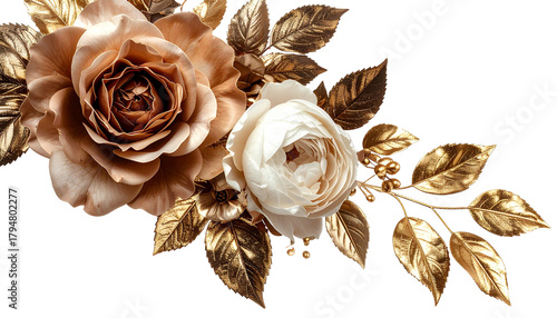 Close-up of roses with gold-leaf foliage on a transparent black background
