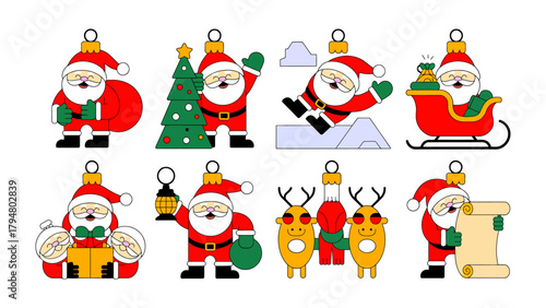 Santa's Christmas Delight: A charming illustrated arrangement of Santa Claus figures, each with unique poses. These illustrations depict the spirit of holiday cheer.