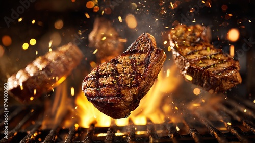 Juicy, perfectly grilled steaks sizzle with fiery flames and sparks, creating an irresistible culinary masterpiece.