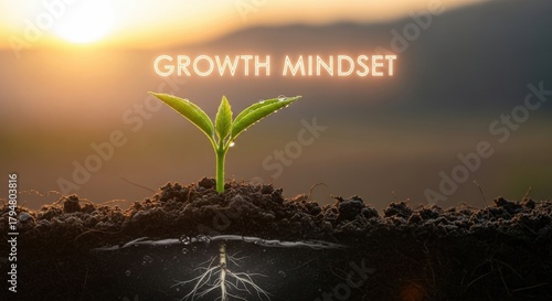 Growth mindset motivational plant sprout emerging from soil under sunrise light inspirational success quote positive thinking self improvement mindset training visual