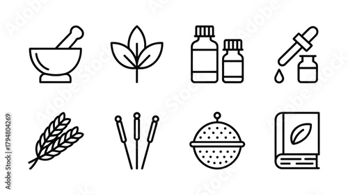 Collection of herbal medicine and alternative therapy icons