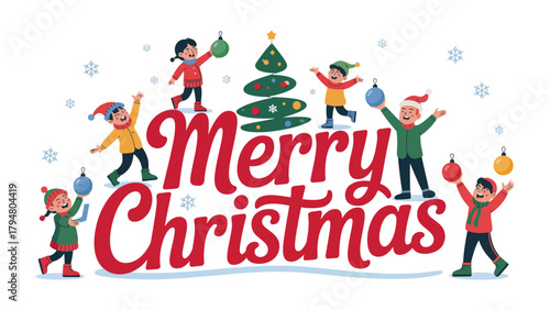 Christmas Joy: Cheerful children surround a decorated Christmas tree, spreading holiday cheer and the festive spirit with ornaments in hand.