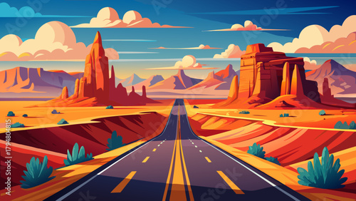 Very beautiful endless straight highway in the American Southwest, USA, featuring wide open desert landscapes, red rock formations, and a clear sky, capturing the vastness, freedom, and iconic scenery