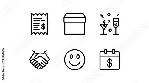 Set of six simple icons representing business and celebration