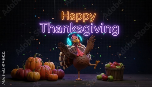 A humorous turkey dancing with headphones during a thanksgiving celebration with neon festive lighting