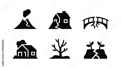Set of icons representing natural disasters and damage
