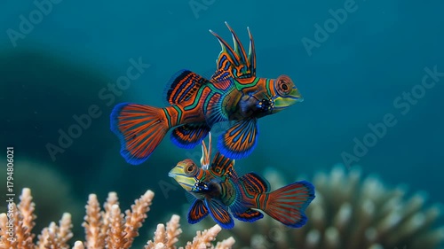Witness a male Mandarin Dragonet showcasing its stunning blue, orange, and green patterns while performing an elaborate mating dance in a breathtaking coral reef environment.
