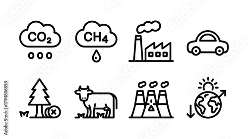 Icons representing greenhouse gases and environmental pollution sources