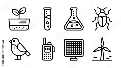 Collection of science and nature icons in a simple line art style