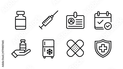 Medical and vaccination icons for healthcare and health services