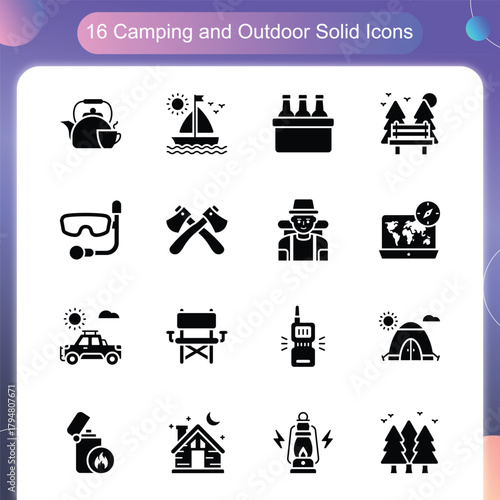 Camping Outdoor Icons – Solid Style Set 4