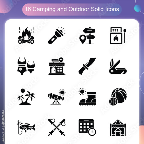 Camping Outdoor Icons – Solid Style Set 3