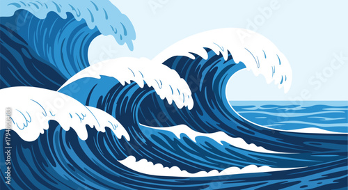 The powerful ocean waves crashing dramatically under a clear sky.