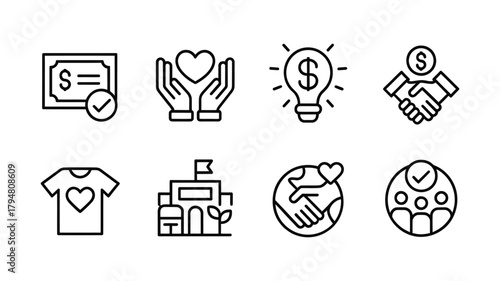 Charity and donation icons representing giving and support