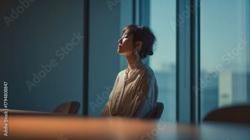 Woman relaxing in natural sunlight with eyes closed