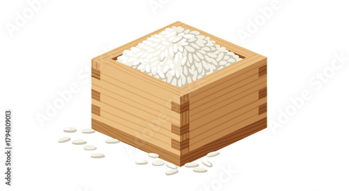 A wooden box filled with white rice grains and scattered outside.