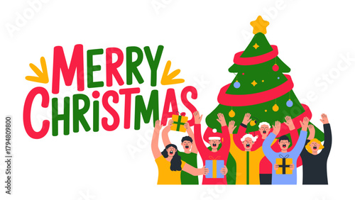 Festive Greetings: a colorful illustration depicts the spirit of christmas with a group of people celebrating together in front of decorated christmas tree.