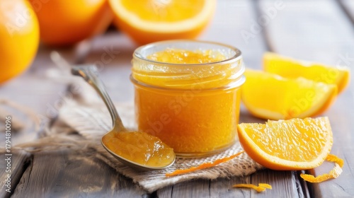 Fresh homemade orange jam in a glass jar with citrus slices. Generative AI