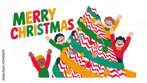 Merry Christmas joy with children and a vibrant Christmas tree, a cheerful seasonal greeting with playful children gathered around a whimsical Christmas tree, celebrating the festive season with joy.