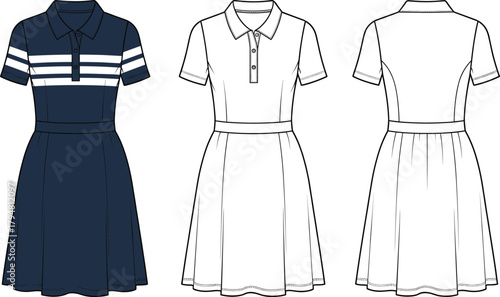 Women’s polo dress vector fashion flat, short sleeve stripe design, stylish casual outfit illustration, front and back technical sketch clothing template