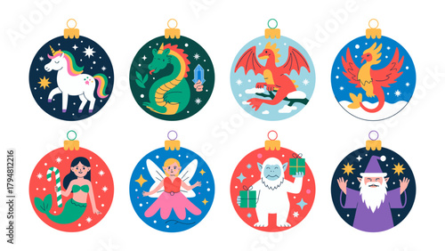 Festive Ornaments of Fantasy: A captivating set of Christmas ornaments features enchanting mythical creatures, each with unique details and vibrant colors, exuding the spirit of the holiday season.