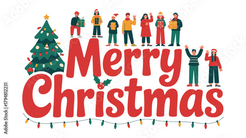 Festive Christmas Gathering: Animated illustrations depict a holiday scene with the greeting Merry Christmas and people with gifts and the spirit of celebration.