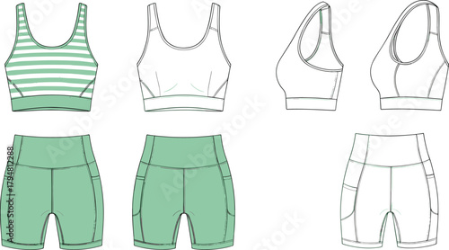 Women’s sports bra and shorts technical flat sketch, front back side views, fitness apparel design, vector fashion template, seamless activewear illustration, white background