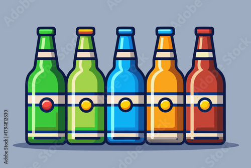 Row of colorful cartoon beer bottles in green blue orange and red on gray background