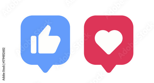 Social Media Reaction Icons Set. Blue Like and Red Heart Notification Symbols.
