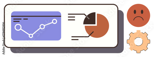 Line chart and pie chart on a dashboard with a sad face and a gear representing poor performance analysis. Ideal for data analysis, performance, statistics, decision-making, reporting, trends