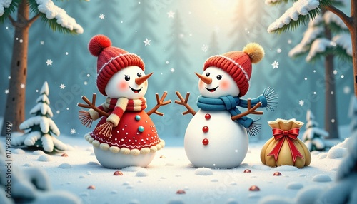 Snow siblings celebrating Christmas and a gift in a magical forest copy space