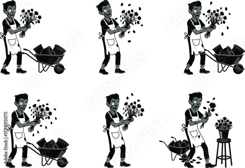 Zombie gardener character holding flowers and working with wheelbarrow, funny undead florist illustration for Halloween, humor, horror, and spooky vector design