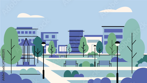 Modern Urban Park Illustration with Buildings and Trees