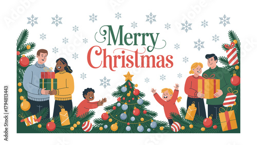 Christmas Cheer: A heartwarming scene unfolds with families joyfully gathered, exchanging gifts around a beautifully adorned Christmas tree, their faces alight with holiday spirit.