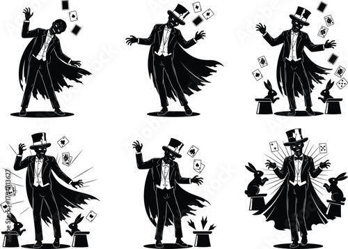 Zombie magician performing creepy illusion tricks with cards and rabbits, dark Halloween skeleton magic vector illustration, spooky horror art concept design
