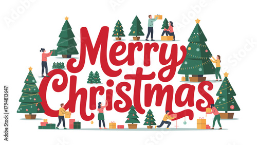 Christmas Greetings: A festive illustration encapsulates the joyful spirit of Christmas. It is a whimsical scene filled with Christmas trees and merry people.